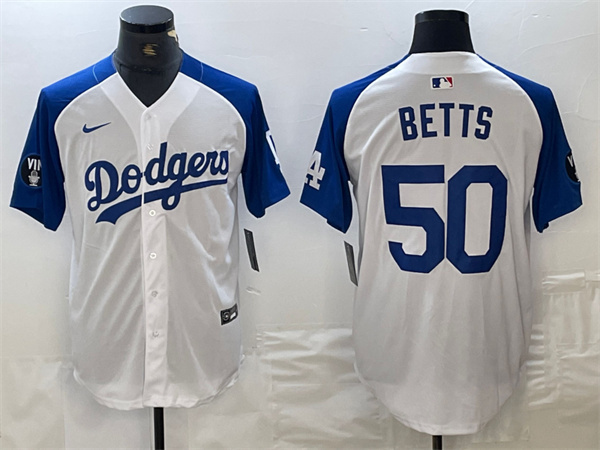 Men's Los Angeles Dodgers #50 Mookie Betts White/Blue Vin Patch Cool Base Stitched Baseball Jersey